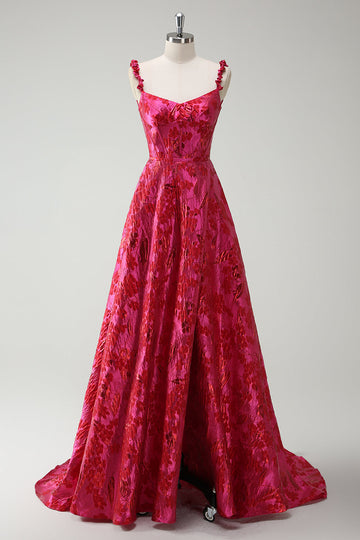 A-Line Spaghetti Straps Floral Jacquard Fuchsia Long Prom Dress with Slit